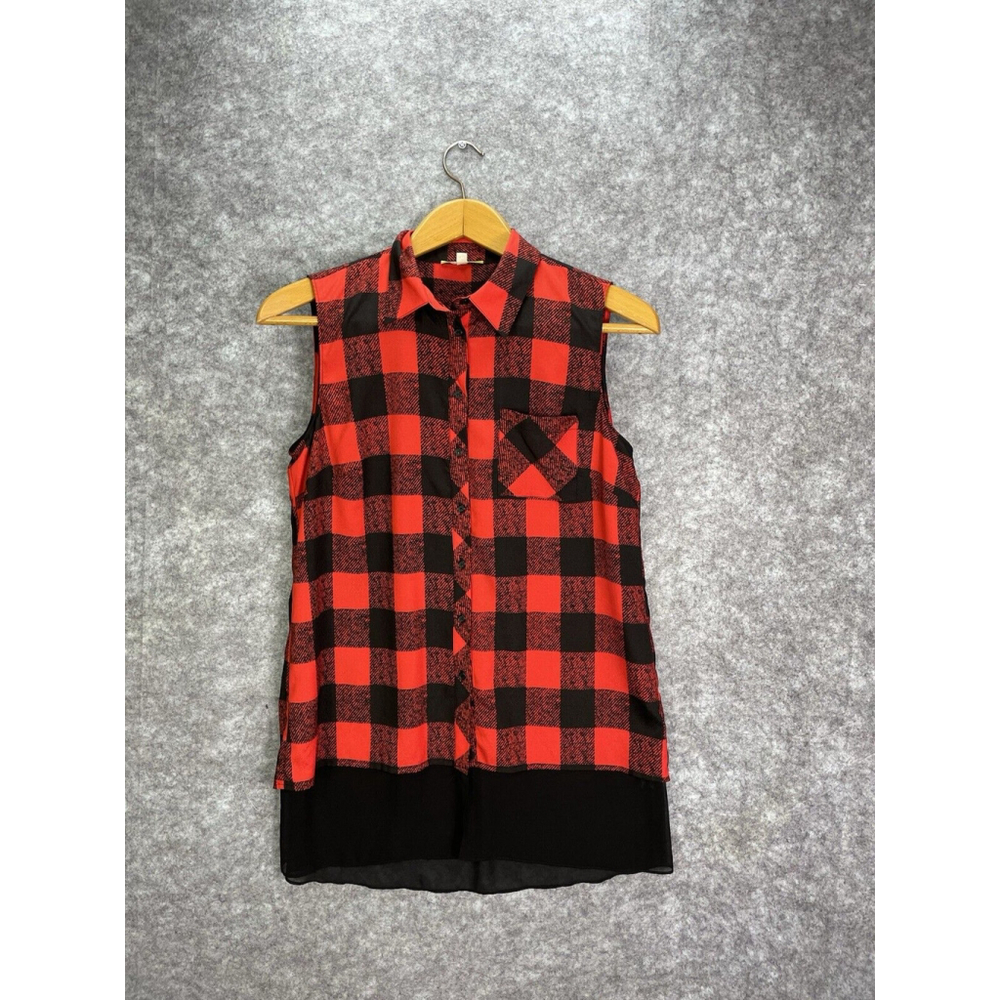 Gianni Bini Women’s Top Medium Buffalo Plaid Sleeveless Tank Sheer Hem Tunic
